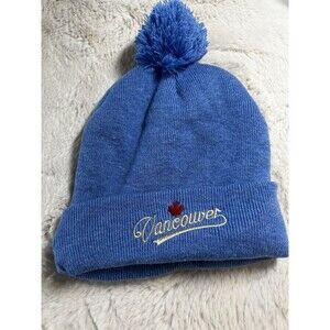 Teepee Canada Authentic Canadian Goods Beanie Hat One Size Blue Knit Leaf Pom